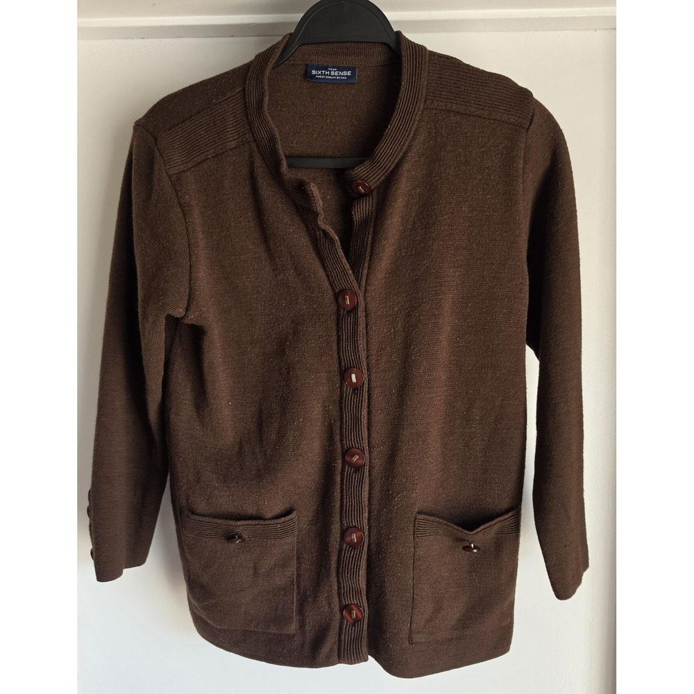 Your Sixth Sense Brown Cardigan Sweater Women S Crew Neck Long Sleeve Wool Blend